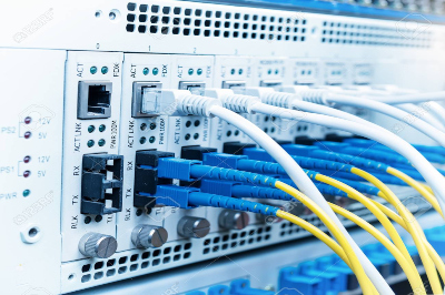 Fiber Optic cables connected to optic ports and UTP, Network cables connected to ethernet ports.